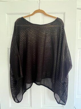 T-Bags Los Angeles Black Metallic Open-Knit Poncho Top